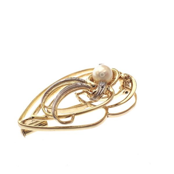 Bicolor gouden fantasie broche met parel en diamant