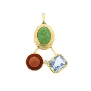 14 karaat geelgouden hanger met jade, bloedkoraal, topaas en zirconia edelstenen