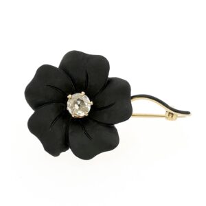 14 karaat geelgouden broche met gematteerde onyx en 0,60 ct. diamant