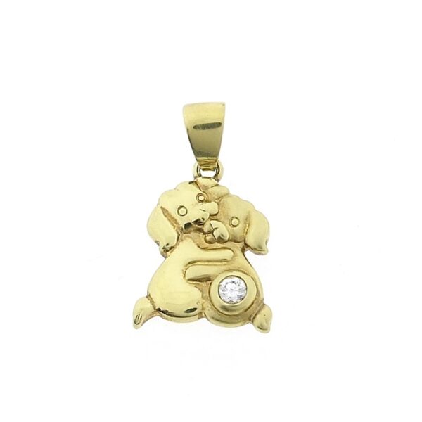14 karaat gouden hanger van twee honden met zirconia