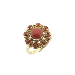 14 karaat gouden entourage ring met bloedkoraal | Vintage
