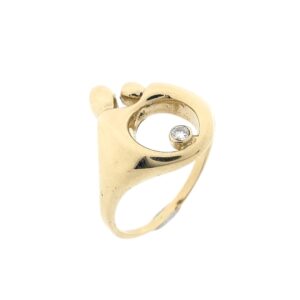 14 karaat geelgouden ring met moeder-kind symbool, gezet met een 0,04 ct. diamant