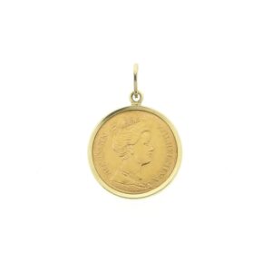 14 karaat gouden naslag hanger van een gouden vijfje; Koningin Wilhelmina 1912