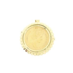 14 karaat broche/hanger met gouden vijfje; Koningin Wilhelmina