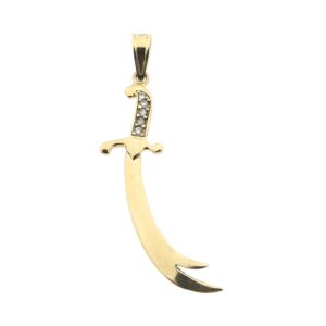 14 karaat geelgouden hanger van een zulfiqar gezet met zirconia stenen