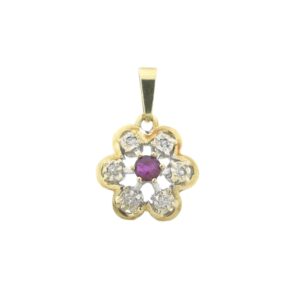 14 karaat bicolor gouden bloemhanger met robijn en diamant | 0,06 ct.